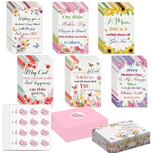 SMUAENSS 120 Sets Religious Mother's Day Cards Bulk Floral Christian Happy Mother's Day Greeting Cards with Envelopes and Stickers, Bulk Prayer Gifts for Mom Grandma