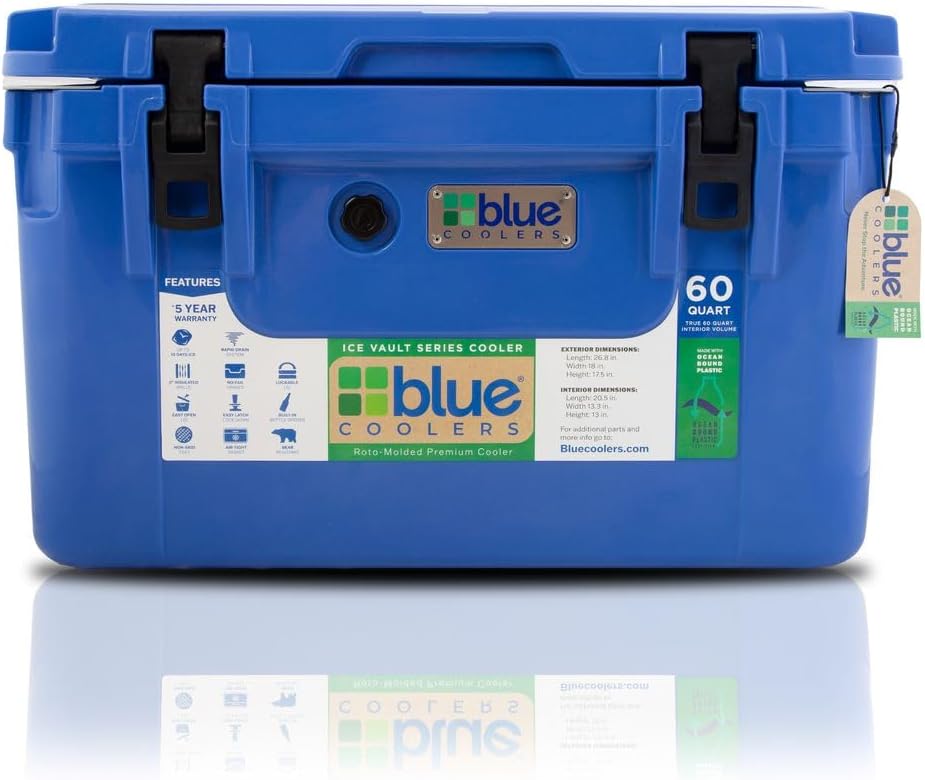Reclaimed Ocean Plastic Rotomolded Cooler, Heavy-Duty Ice Chest with Multiple Day Ice Retention, for Camping, Fishing, and Outdoor Adventures (30-60 Quart Ice Chests)