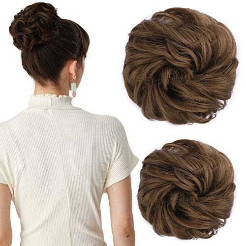 REECHO Thick 2PCS Updo Messy Hair Bun Curly Wavy Ponytail Extensions Hairpieces Hair Scrunchies for Women Girls Color Light Chocolate Brown