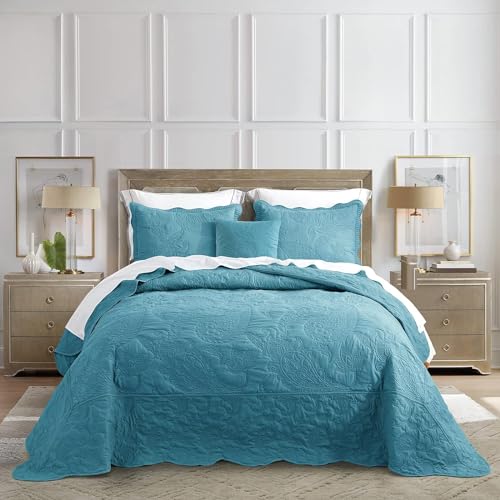 Image of HZ & HY Oversized King Bedspread 128x120 Extra Wide, Stitched Paisley Quilt Set King /Cal King, Lightweight Reversible Coverlet, Scalloped Edge - Fresh Blue Classic Look, 5 Piece, Blue