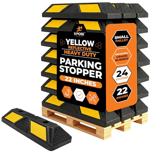 Image of Xpose Safety 22 inch Heavy Duty Rubber Parking Stopper (Bulk Half Pallet 24 Pack) - Wheel Stops, Lot Bumpers & Parking Curb for Garage, Driveway or Ramp - Car Bumper Stops with Yellow Reflective Strips