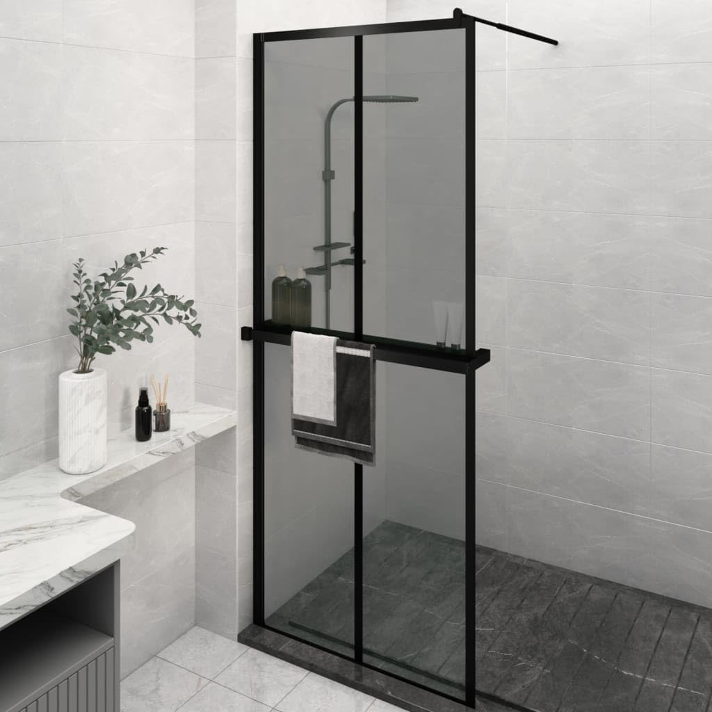 Modern Walk-in Shower Wall with Shelf Black 31.5"x76.8" ESG Glass & Aluminum Frame, Adjustable Profile for Easy Installation, Durable Bathroom Screen with Practical Storage