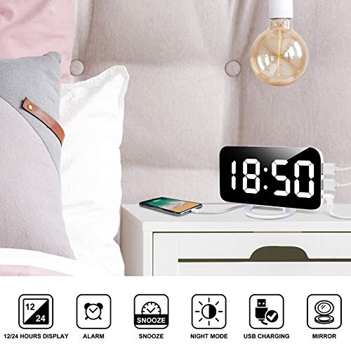 Image of Digital Alarm Clock,Lamisola Large LED Mirror Display, 2 USB Charging Ports,Auto Dim Mode,Modern Design Clock for Bedroom Office, White