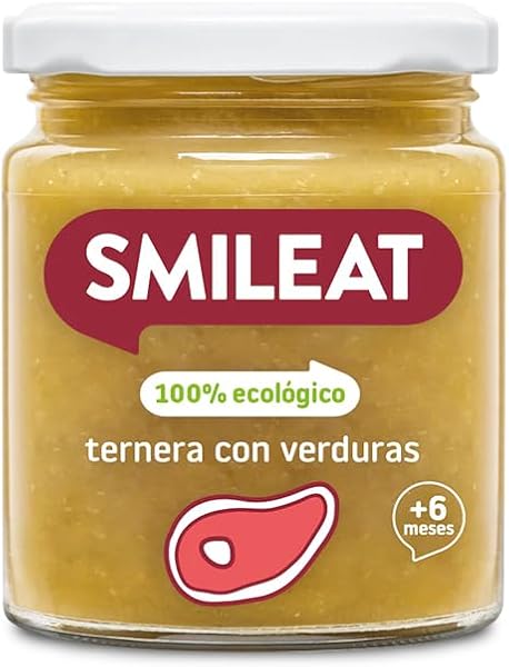 Smileat - Tarrito Ecológico con Sabor a Ternera con Verduras, Ingredientes Naturales, para Bebés desde 6 Meses, Sano y Saludable, sin Gluten - Tarro de 230 g