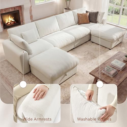 Image of Ihanherry 141 inch Oversized Cloud Sectional Couches for Living Room, Modular Sectional Sofa with Wide Deep Seat, U Shaped Couch with Throw Pillow and Storage Ottoman, Beige