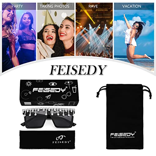 FEISEDY Oversized Square Trendy Sunglasses Womens Crystal Tassels Sparkling Shades Flat Top Visor B29764