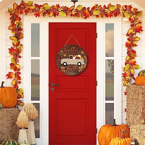 Boao Hello Fall Wooden Hanging Sign 11.8 x 11.8 inch Fall Wreath for Front Door Autumn Truck Pumpkin Maple Leaf Front Door Hanger for Thanksgiving Harvest Porch Indoor Outdoor Home Decorations