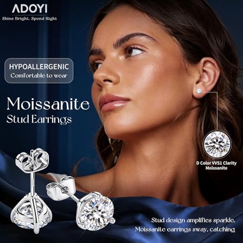 adoyi Moissanite Diamond Stud Earrings for Women Men 925 Sterling Silver Post Hypoallergenic 18K White Gold Plated Flat Back Diamond Earring Jewelry Round Cut D Color VVS1 Clarity Gift for Women 1.0CT — view 2