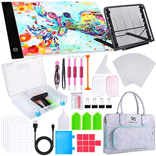 PP OPOUNT 160 Pieces 5D Diamond Painting Set with A4 LED Light Pad, 80 Grids Diamond Embroidery Box, Polyester Felt Hand Held Case Bag, Stand and Diamond Painting Tools for Diamond Painting