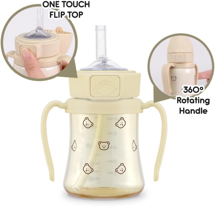 GROSMIMI Flip Top Spill Proof Sippy Cup, PPSU, BPA Free, 6 oz, Stage 2 Straw for Toddlers (Bear)