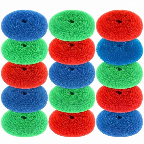 Image of Blulu 15 Pcs Plastic Dish Scrubbers for Dishes Pot Round Nylon Pad, Mesh Scouring Non Scratch Pads (Rainbow Colors)
