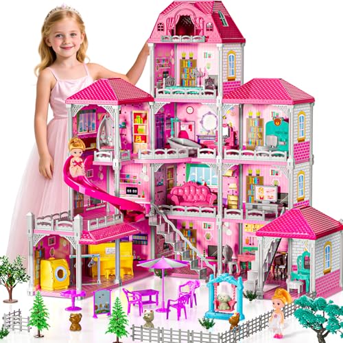 JUKUDAHU Villa Playset for Girls Ages 3-7, 4-Story 12 Room House with 2 Dolls, Furniture and Accessories, Indoor Playset Girls Toys for Ages 6-8, Pretend Toddler Toy, Birthday Gifts for Kids 4-8
