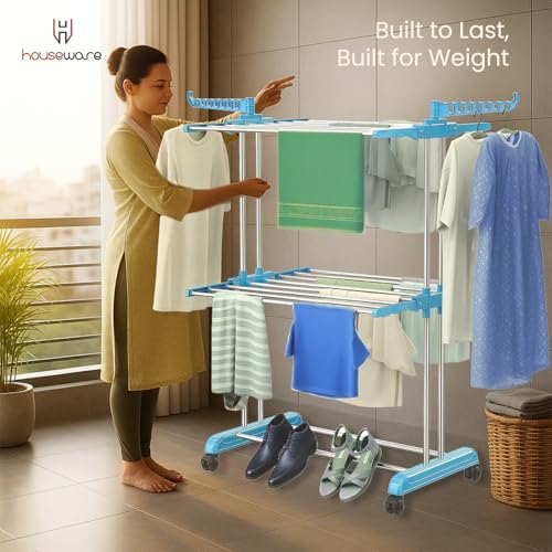 Image of H Houseware Heavy Duty Stainless Steel 2 Tier Cloth Drying Stand with Wheels | Double Pole Clothes Dryer & Laundry Rack | 43.18D x 73.66W x 115.82H cm | Rustproof & Portable (Blue)