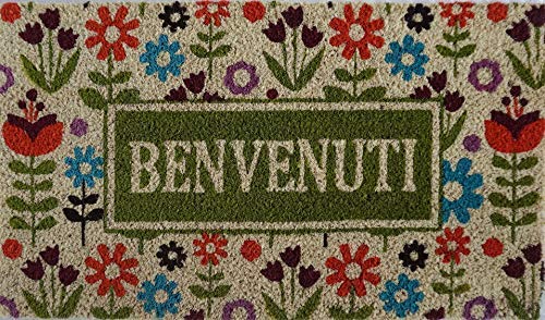 Zerbino da Esterno in Fibra di Cocco con Base in PVC Antiscivolo, Tappeto da Esterno Dipinto a Mano Facile da Pulire e Ultraresistente, 70x40x2 cm, Scritta Benvenuti Sfondo Fiori Colorati