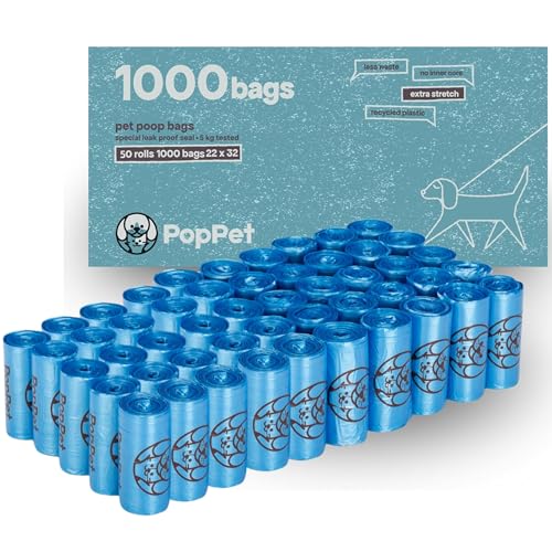 Poppet, Sacchetti Igienici Extra Stretch per Escrementi Cani, Resistenti, Facili da Aprire e a Prova di Perdite, in Materiale Riciclato, per Tutti i Dispenser (Normali, 1000 Sacchetti)