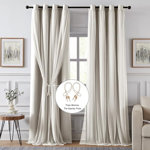 Image of 100% Blackout Curtains for Bedroom, Double Layer Beige Curtains, Black Out Curtain 90 inch Long with Sheer Overlay for Living Room, Room Darkening Window Drapes with Grommet, 52 inch W x 90 inch L