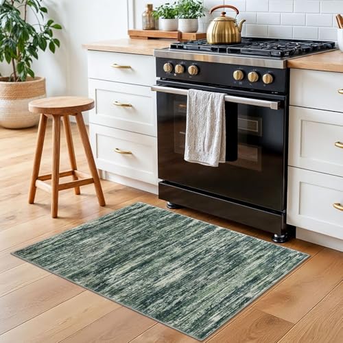 2x3 Dark Green Modern Abstract Rug for Entryway, Super Soft Small Area Rug, Washable Non-Slip Kitchen Rugs, Low-Pile Mat for Kitchen, Bedside, Indoor Door Mat