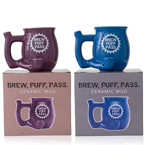 Bundle of Blue and Purple Brew Puff Pass Novelty Coffee Mug with Colorful Custom Packaging