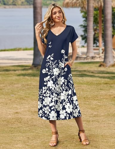 Image of Zeagoo Women Summer Floral Dress Short Sleeve Beach Dress with Pockets Casual V-Neck Split Long T-Shirt Dress Travel Vacation