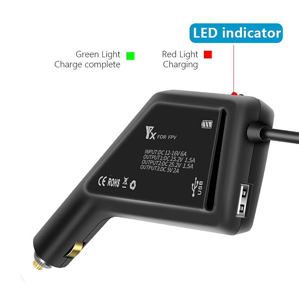 Caricabatteria da auto a doppia batteria Taoke compatibile con FPV Combo, caricabatteria da auto intelligente con porta di ricarica USB per drone FPV