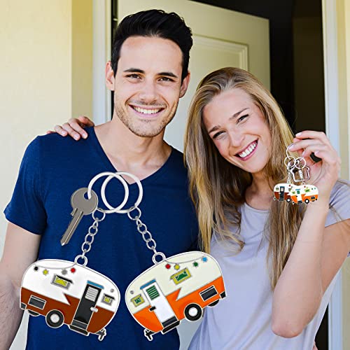 Image of Thinp 2 Pieces Camper Keychain, RV Camper Keyring Accessories for Travel Trailers Enameled Metal Retro Camping Car Keychain