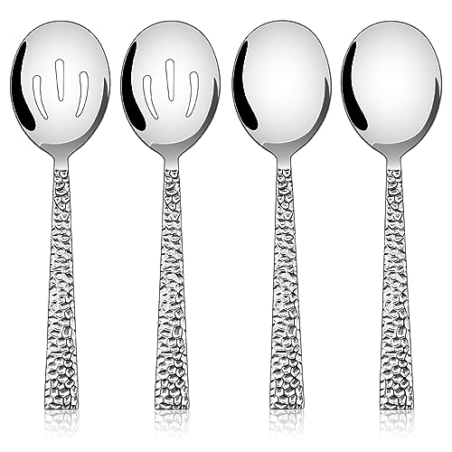 E-far Hammered Serving Spoons 4-Piece Stainless Steel Serving Utensils Set - Solid Spoons x 2 Slotted Spoons x 2 Metal Hostess Serving Tablespoons for Catering Buffet Party Kitchen Restaurant
