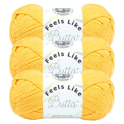 Image of Lion Brand Yarn, Feel Like Butta Velvety Soft Yarn for Knitting, Crochet, and Crafts, Yellow, 3 Pack, Chenille Like Fiber for Plush Baby Blankets, Amigurumi Toys, and Worsted Weight Sweaters