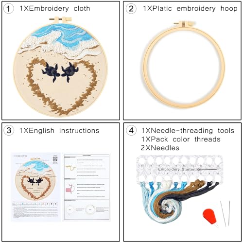 Image of Crafmanoe Beach Embroidery Kits for Beginners Adults, Coastal Stamped Cross Stitch Kits for Beginners Adults, Hand Embroidery Needlepoint Starter Kits, Valentine's Day Gift for Women (Video Tutorial)