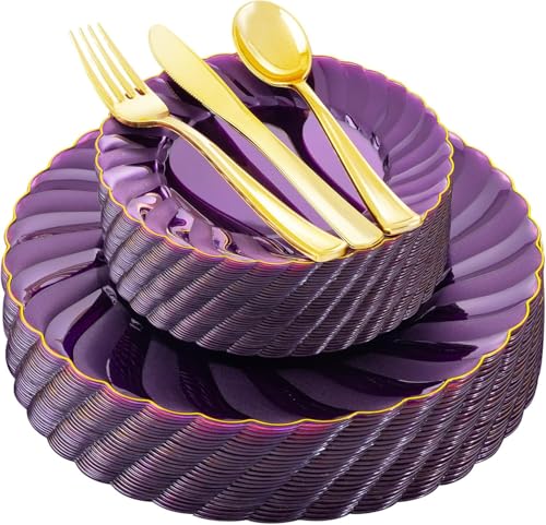 YOUBET 125PCS Purple Plastic Dinnerware Set - Gold and Clear Purple Disposable Plates Include 50...