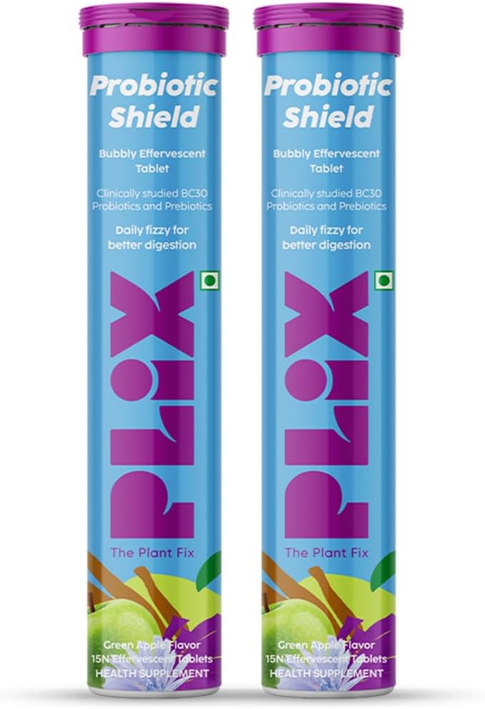 Probiotic Shield Pre+Probiotic 30 Effervescent Tablets For Good Gut, Digestion, Metabolism With 20 Billion Cfus, Vital Strains, Pack Of 2 (Green Apple)
