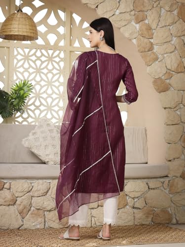 Stylum Women's Woven Design & Embroidered Cotton Blend Lurex Straight Kurta Pant Dupatta Set (Kpdpurplechakor38_Purple, M)