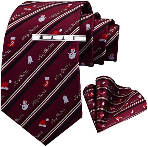 GUSLESON 3.15"8cm Christmas Tie For Men Festival Pattern Necktie and Pocket Square tie clip Set
