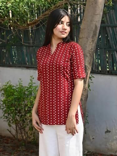 Image of Pinkmint Women's Cotton Blend Printed Short Kurti, Hip-Length Ethnic Tunic for Women, 3 /4 Sleeve Notch Neck, Casual, Office (Available in Plus Sizes & Combo Pack 2)