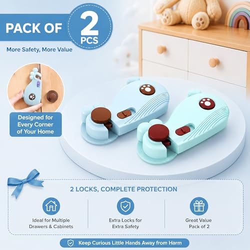 Image of GLUN 2 Piece Whale Shape Baby Safety Drawer Lock with Strong Adhesive, No-Drill Child Proof Cabinet & Fridge Lock, Double-Sided Tape for Drawers, Cupboards & Cabinets