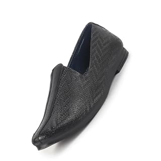 FAUSTO FST FOSME-2192 BLACK-41 Men Black Wedding Festive Ethnic Slip-On Juttis and Mojari | Embossed Design Shoe with Memory Cushioned Insole (7 UK)