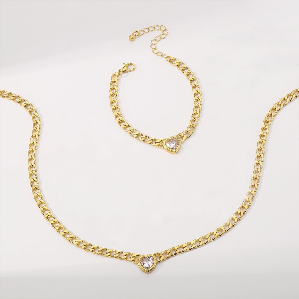 GIGB PBDK Chunky Gold Heart Crystal Cuban Chain Necklace Bracelet Set, Shiny Fashion Stacking Adjustable Dainty Jewelry Set, Sparkling Cubic Zirconia Thick Gift - Image 5