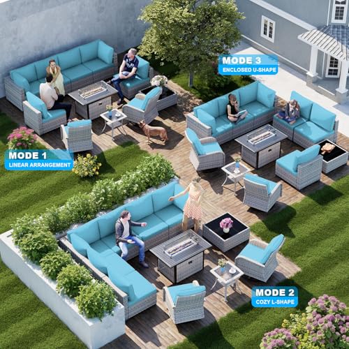 Image of 11-Piece Patio Furniture Set, Outdoor Patio Furniture with 55,000 BTU Fire Pit Table, Swivel Chairs Set, Thick Cushions, Modular Patio Sofa, Dual-Strand Wicker Rattan, Rust-Resistant Frame, Lake Blue