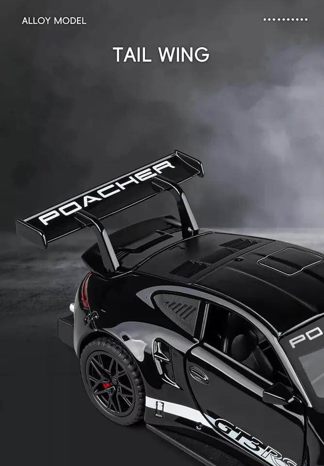 Image of PEZYOX 1:32 Porsche 911 GT3 RS Diecast Model Pull Back Toy Car with Sound & Light Openable Doors Miniature Racing Car for Kids & Collectors Gift for Boys & Adults (Black)