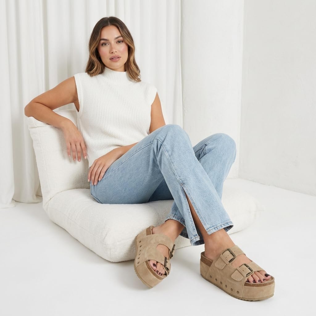CUSHIONAIRE Guru Platform Sandals Women Footwear – Comfortable Genuine Leather Footbed Studded Chunky Slide Summer Sandals for Women