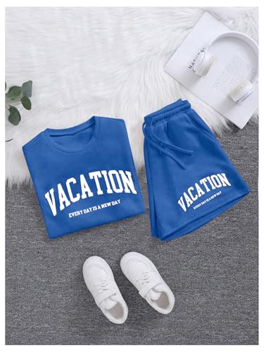 Image of Verdusa Girl's Tracksuit Sets 2 Piece Outfits Letter Print Vacation Tee Top and Drawstring Waist Shorts