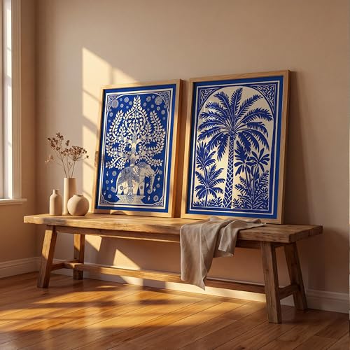 Image of Suneree Blue White Elephant Tree of Life Wall Art Painting | Set of 2 Framed Paintings | Indian Folk Art Decor for Living Room Bedroom Home Office | (ART 10, 10x13 INCHES)