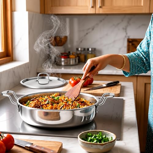 Image of SOLARA Triply Stainless Steel Uruli 24 cm with SS Lid, Tri Ply Heavy Bottom Cooking Pot, Stainless Steel Handle, Induction Friendly Deep Kadai /Uruli for Curry, Biryani & Frying