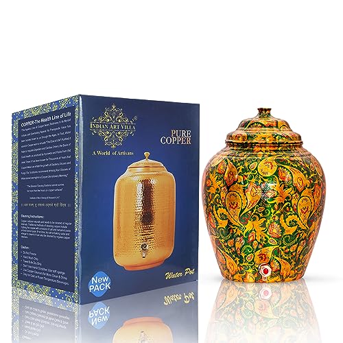 Image of Indian Art Villa Printed Design Copper Water Carafes Storage, 13 LTR, Green