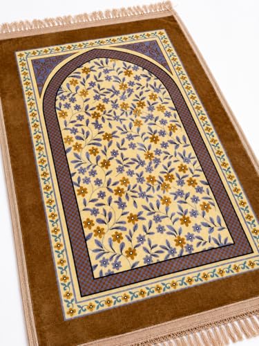 Image of Janamaz Prayer Mat Turkey Soft Velvet | Namaz Mat, Janimaz Namaz Aasan, Islamic Prayer Rug for Salah | 70x110 CM (Printed Golden)