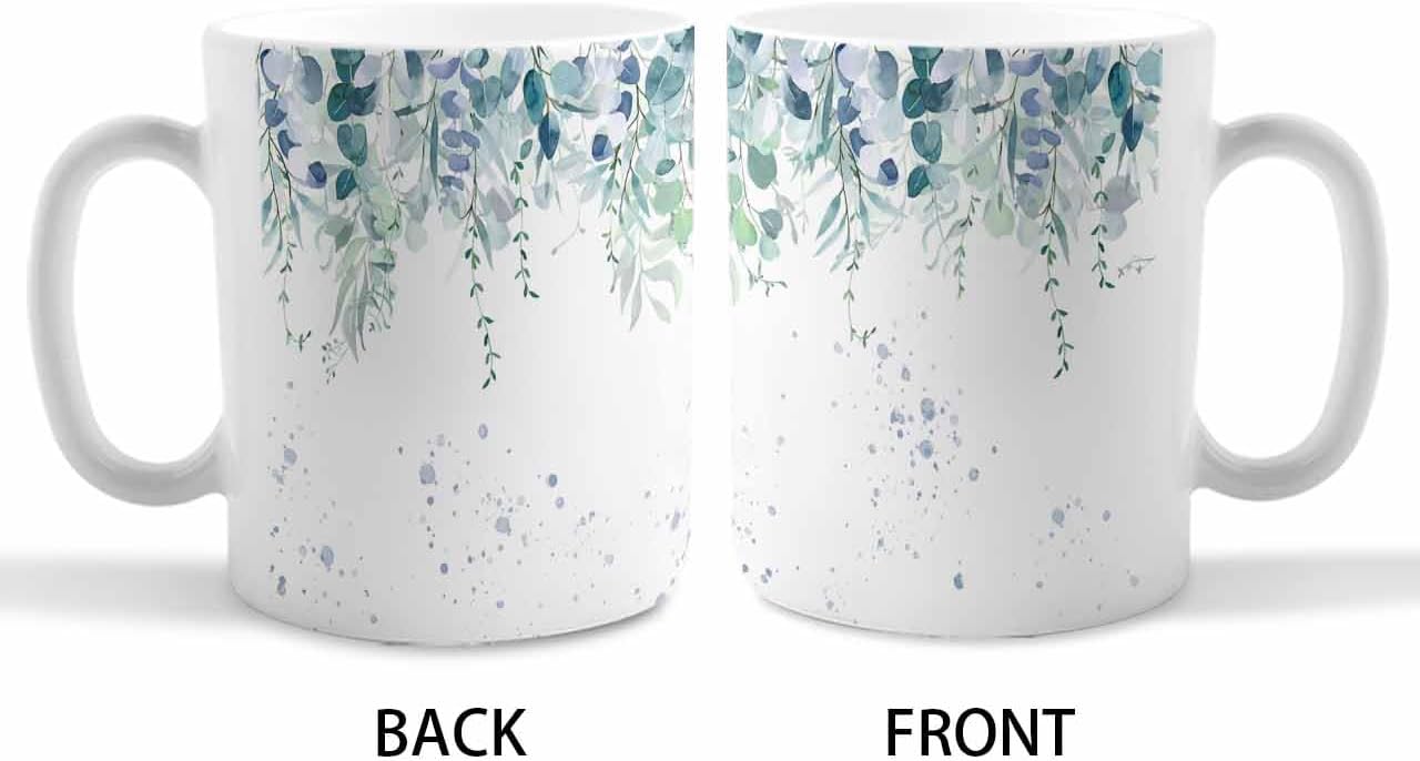 BEMIGO Ceramic Coffee Mug Hanging Eucalyptus Leaves Spring Ceramic Mug White Cup, Watercolor Green Blue Insulated Coffee Cup with Handle with Pattern Perfect for Tea and Hot Beverages, 12oz