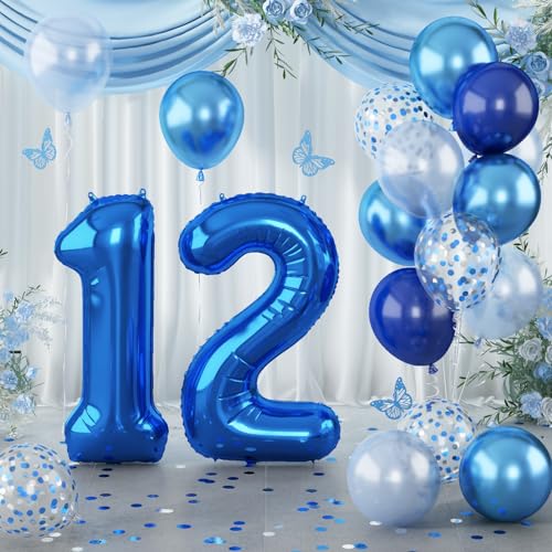 Image of Navy Blue 12th Birthday Giant Self Inflating Number 12 Balloon, Metallic Dark Blue Silver Confetti Foil 40 Inch Helium Balloon for Boys Birthday Party Women Anniversary Decor