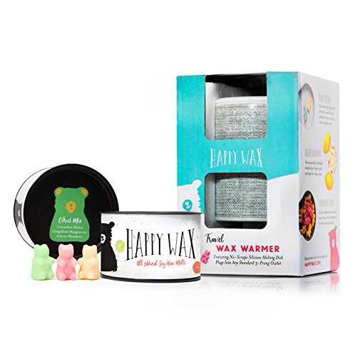 Happy Wax Wax Warmer & Wax Melts Starter Kit - Enjoy Our Patent Pending Outlet Wax Warmer in Grey Linen + 3.6 Oz. Citrus Mix Soy Wax Melts [Cucumber Melon, Grapefruit Mangosteen, Citron Mandarin]