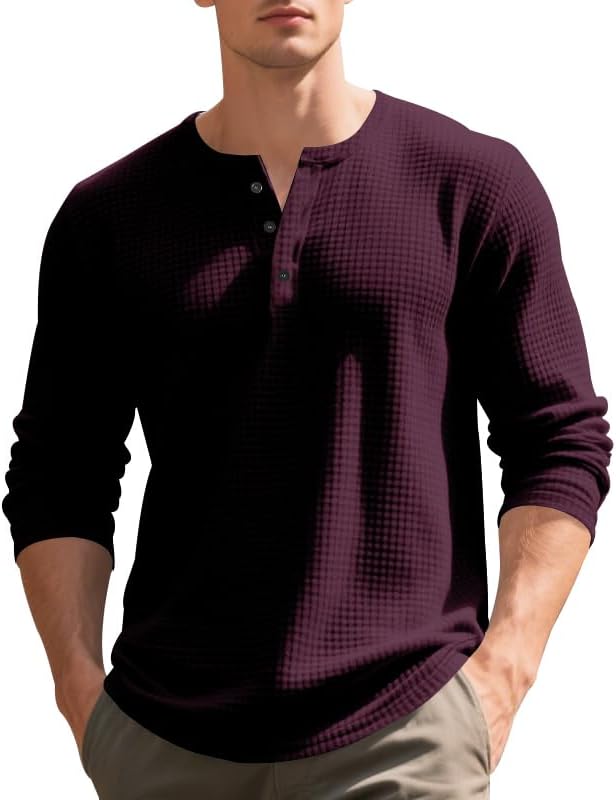 Men’s Waffle Knit Henley Shirts Long Sleeve 3 Button Fashion Pullover T-Shirts Men Casual Fall Solid Top