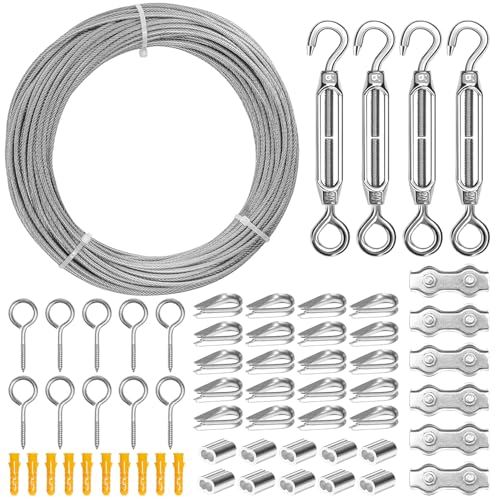 60 Stück 304 Edelstahl Stahlseil Kit, 30M 3mm Drahtseil, Rankhilfe Set, M4 Spannschloss Seilspanner, Set für Wäscheleine, Gardinenseil, Kletterpflanzen, Treppen