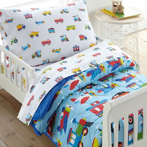Wildkin Kids Cotton Toddler Comforter – Soft & Lightweight, Fits Standard Crib Mattress - Trains, Planes, and Trucks